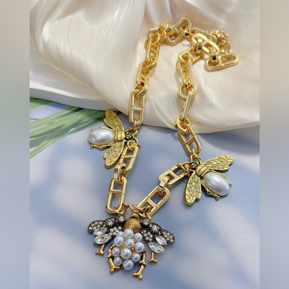 Jewelry - Gold Bee Pendant Necklace with Pearl Accents - Women Jewelry